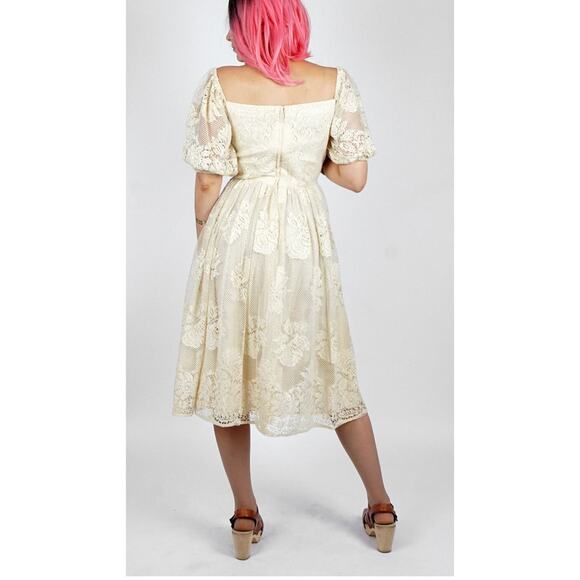 Vintage 1970s Lace Boho Dress w/ Balloon Sleeves by Lilli Diamond | Small - Picture 7 of 9